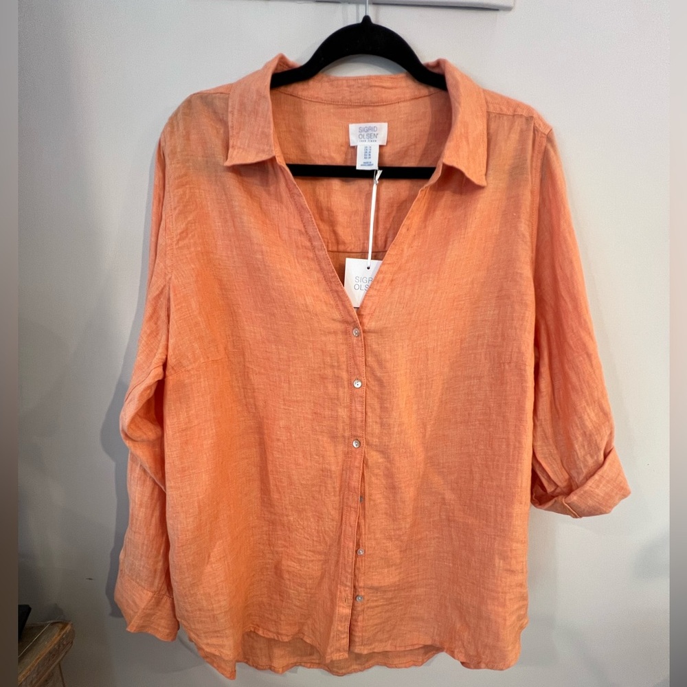 Sigrid Olsen Orange Linen Button-Up Women's Top